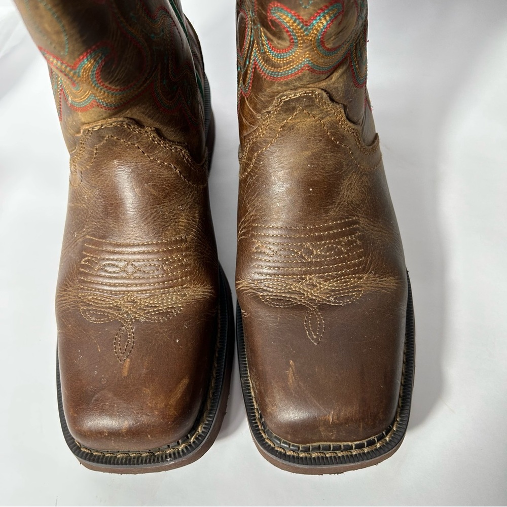 Justin Boots Brown Leather Western Boots with Turquoise Trim - Picture 5 of 16